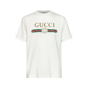 Gucci Men Chalk Printed Silk Blend Jersey T-Shirt